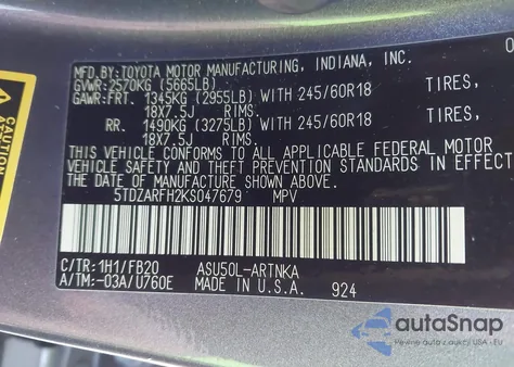 2019 Toyota Highlander Le z USA, uszkodzony, nr VIN 5TDZARFH2KS047679